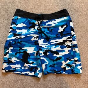 Pelagic Blue White and Black Fish Camo Fishing Board Shorts. Quick-dry. Size 34